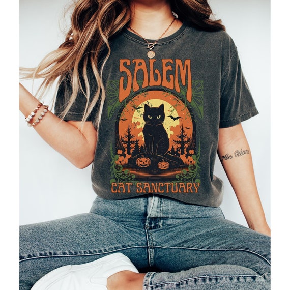 Black Cat Shirt Salem Massachusetts Shirt Halloween Cat Shirt Halloween Crewneck Plus Size Fall Shirt Witchy Shirt Spooky Vibes Shirt