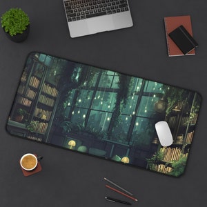 Lofi Desk Mat, Aesthetic Japanese Desk Mat, Green Desk Mat, Plant Desk Mat, Cozy Gaming Desk Pad, Cute Desk Mat, Neoprene Gaming Mat