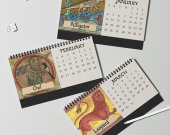 Funny Medieval Animal Art Desktop Calendar, 2026 Desktop Calendar, Home Office Decor, White Elephant Gag Calendar Gift, Funny Desk Calendar