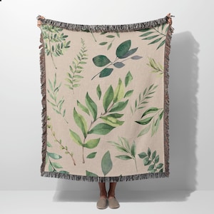 Manta tejida botánica, manta de helecho Cottagecore, manta natural, manta tejida verde, regalo para amantes de las plantas, manta estética, regalo para mamá