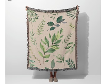 Botanical Woven Blanket, Cottagecore Fern Blanket, Nature Blanket, Green Woven Blanket, Plant Lover Gift, Aesthetic Blanket Gift For Mom