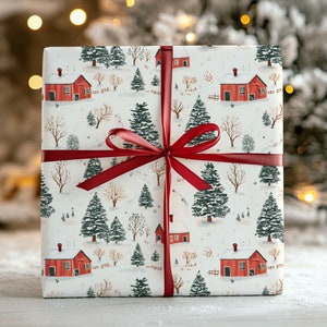 Wrapping Paper, Vintage Christmas Toile Farm Design, Green Red Gift Wrap Roll, Retro Holiday Rustic Xmas Wrapping Paper, Tree Farm Barn Gift