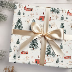 Wrapping Paper, Vintage Christmas Toile Farm Design, Green Red Gift Wrap Roll, Retro Holiday Rustic Xmas Wrapping Paper, Tree Farm Barn Gift