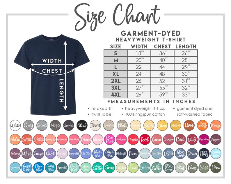 Peut inclure: Tableau des tailles pour un t-shirt lourd teint&eacute; en pi&egrave;ce. Le tableau indique les mesures de taille, de largeur, de poitrine et de longueur en pouces. Le t-shirt est disponible en tailles S &agrave; 4XL. Le t-shirt est d&eacute;crit comme &eacute;tant &agrave; la coupe d&eacute;contract&eacute;e, avec une &eacute;tiquette en serg&eacute;, lourd 6,1 oz, 100 % coton peign&eacute; &agrave; anneaux, teint&eacute; en pi&egrave;ce et lav&eacute; en douceur.