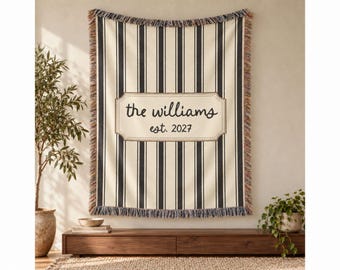 Personalized Family Name Blanket, Minimalist Wedding Gift, Bridal Shower Gifts, New Home Housewarming Gift for Couple, Custom Woven Throw