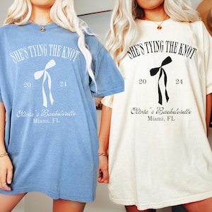 Shes Tying The Knot Bachelorette Shirts, Coquette Bow Bachelorette, Coquette Aesthetic Bridesmaids Gifts, Custom Location Bachelorette Shirt