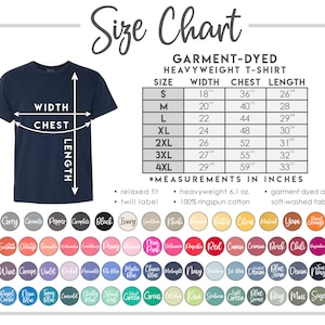 May include: A navy blue t-shirt with a size chart. The chart details measurements in inches for width, chest, and length across sizes S to 4XL. The chart also lists available colors.