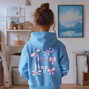 Pink Bow Hoodie Youth Sweatshirt, Kids Coquette Hoodie Sweatshirt, Ballet Sweatshirt, Coquette Clothing, Girly Pink Ribbon Bow Pullover