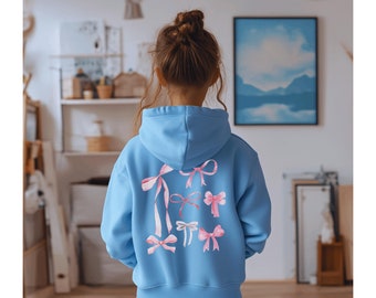 Pink Bow Hoodie Youth Sweatshirt, Kids Coquette Hoodie Sweatshirt, Ballet Sweatshirt, Coquette Clothing, Girly Pink Ribbon Bow Pullover
