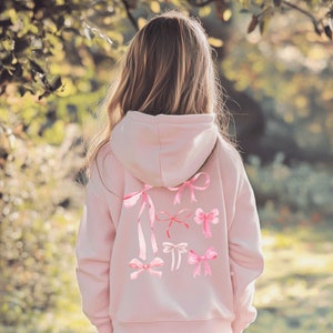 Pink Bow Hoodie Youth Sweatshirt, Kids Coquette Hoodie Sweatshirt, Ballet Sweatshirt, Coquette Clothing, Girly Pink Ribbon Bow Pullover