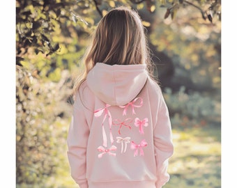 Pink Bow Hoodie Youth Sweatshirt, Kids Coquette Hoodie Sweatshirt, Ballet Sweatshirt, Coquette Clothing, Girly Pink Ribbon Bow Pullover