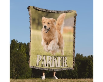 Custom Dog Photo Blanket Personalized Pet Photo Picture Blanket Pet Name Memorial Dog Loss Tapestry Woven Cotton Throw Gift For Dog Lover