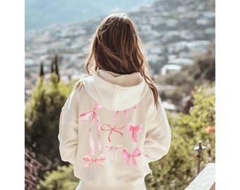 Pink Bow Hoodie Youth Sweatshirt, Kids Coquette Hoodie Sweatshirt, Ballet Sweatshirt, Coquette Clothing, Girly Pink Ribbon Bow Pullover