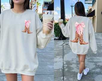 Coquette Cowgirl Boots Sweatshirt, Soft Girl Era, Coquette Top, Coquette Clothing, Pink Bow Sweater Preppy Girly Sweater Soft Girl Aesthetic