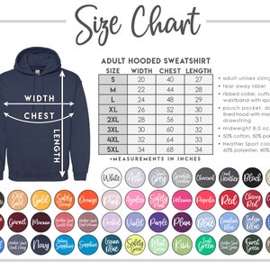May include: A navy blue hooded sweatshirt with a size chart. The chart lists measurements in inches for adult sizes S to 5XL. Color options include white, black, red, and more. The sweatshirt features a pouch pocket and drawstring.