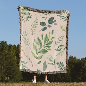 Manta tejida botánica, manta de helecho Cottagecore, manta natural, manta tejida verde, regalo para amantes de las plantas, manta estética, regalo para mamá