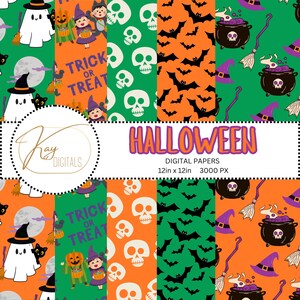 Può includere: Una collezione di carte digitali a tema Halloween. I disegni includono fantasmi, gatti, bambini che fanno dolcetto o scherzetto, teschi, pipistrelli, cappelli da strega, calderoni e scope. È visibile anche il testo "HALLOWEEN" e "DIGITAL PAPERS 12in x 12in 3000 PX".