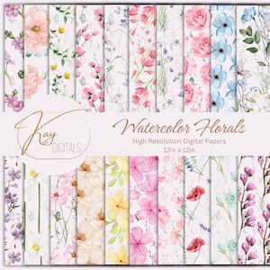 Watercolor Floral Digital Paper | Printable Flower Backgrounds | Elegant Scrapbook Paper | 12x12 Pastel Digital Paper Pack | Junk Journal