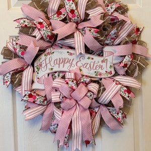 Deco Mesh Easter Wreath, Pink Floral Ribbons, Front Door Decor