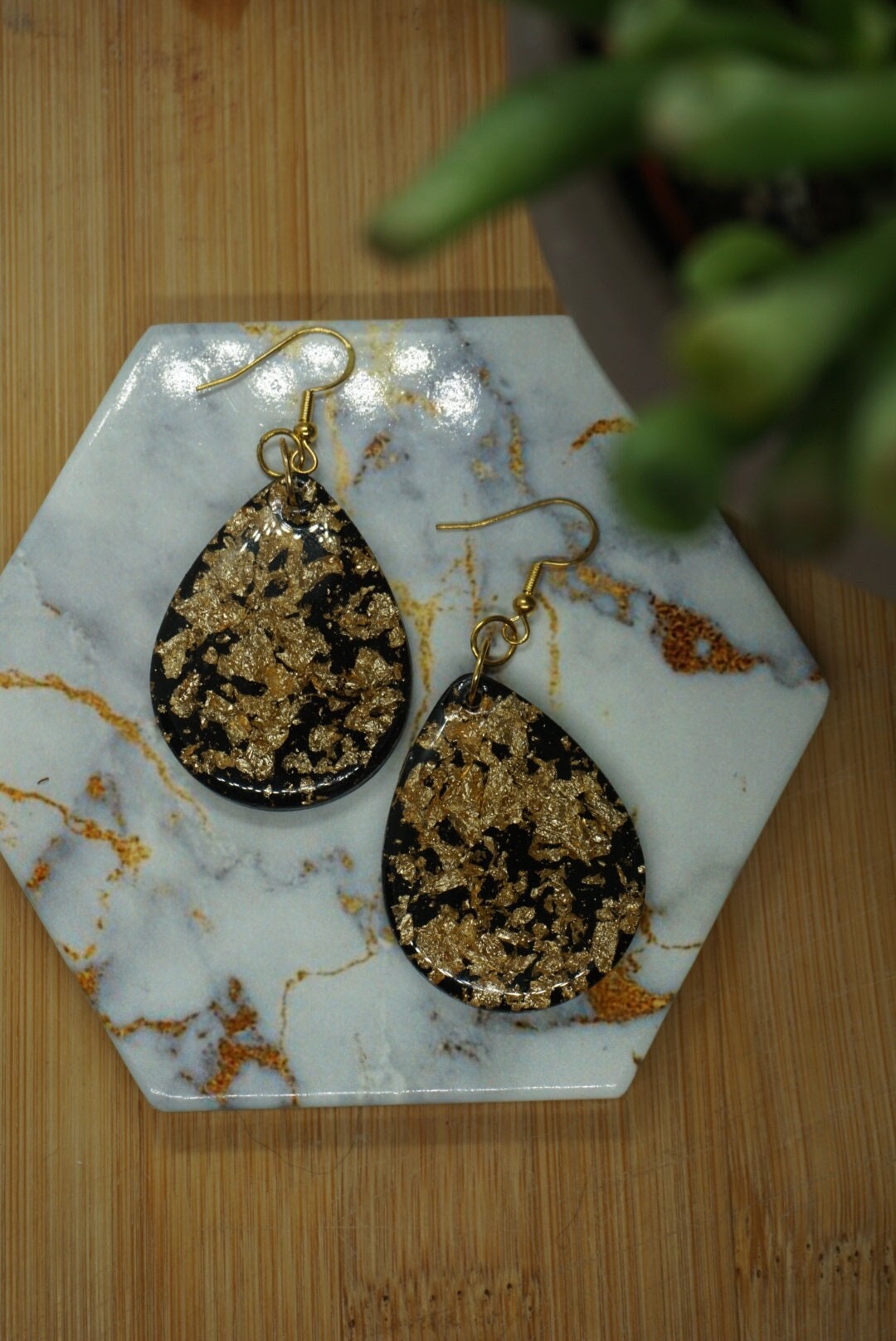 Black Resin Earrings With Gold Foil Etsy