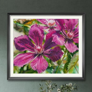 Elegant and mysterious group of dark purple clematis flowers with green background. Intense shadows. They are basking in the sunlight. Reproduction of original based on soft pastels painting Sunbasking.