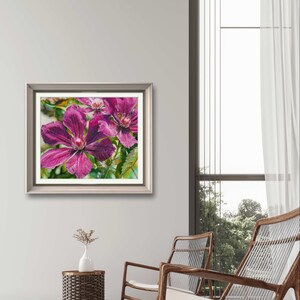 Sunbasking Clematis Giclee Print Canvas Pastel Painting Home Decor Wall Art Gifts Floral Artwork Green background Interior Design Botanical Drawing