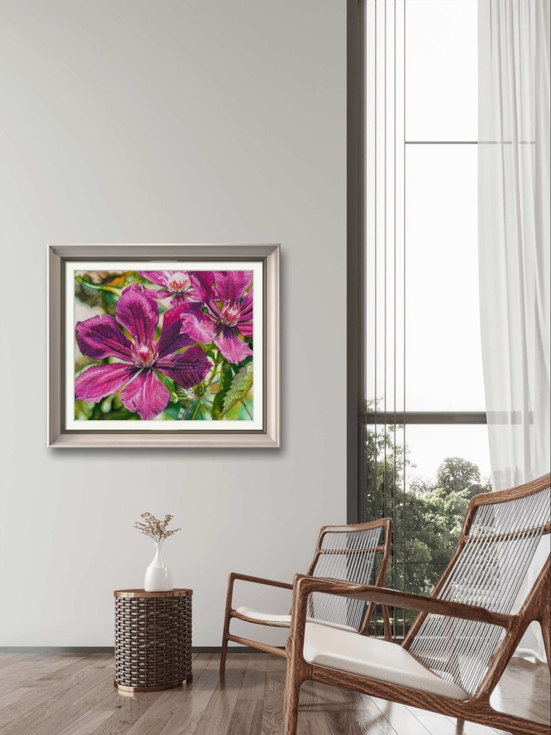 Sunbasking Clematis Giclee Print Canvas Pastel Painting Home Decor Wall Art Gifts Floral Artwork Green background Interior Design Botanical Drawing