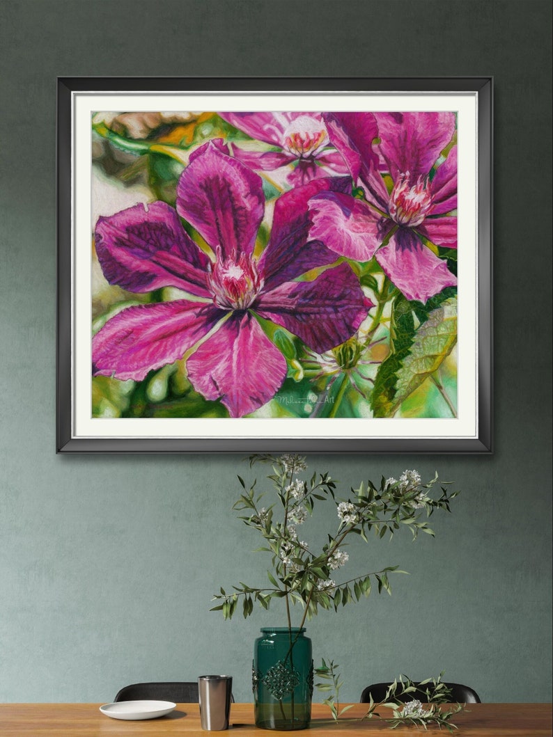 Elegant and mysterious group of dark purple clematis flowers with green background. Intense shadows. They are basking in the sunlight. Reproduction of original based on soft pastels painting Sunbasking.