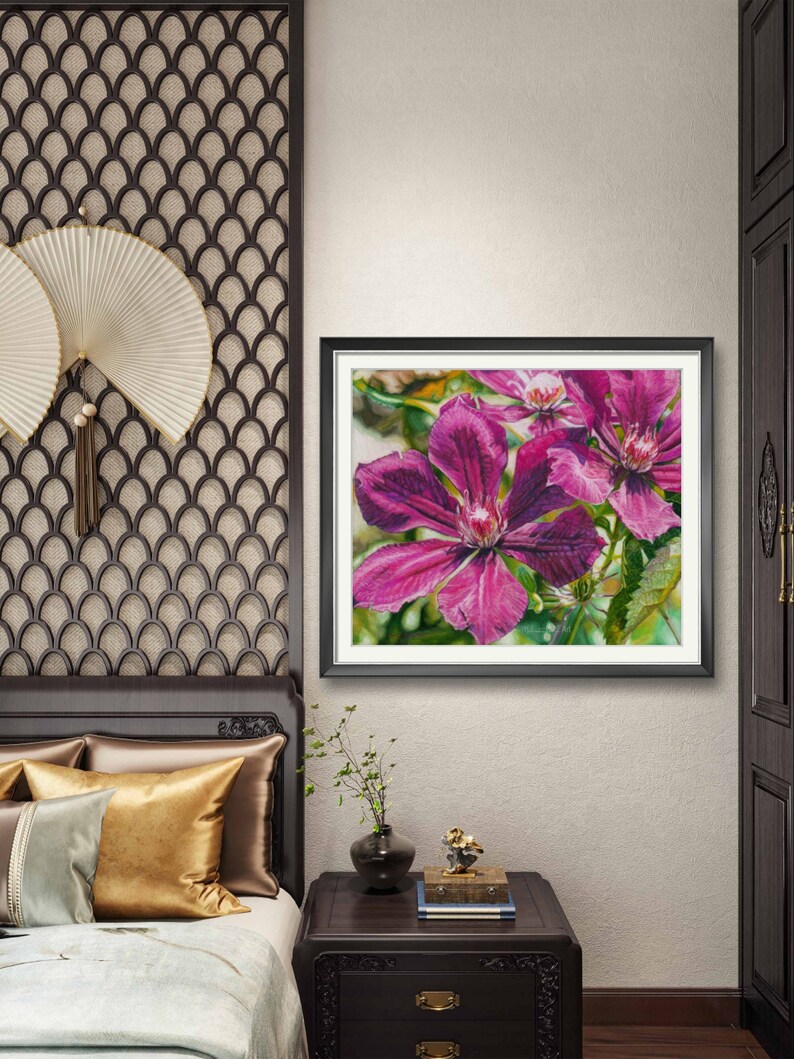 Sunbasking Clematis Giclee Print Canvas Pastel Painting Home Decor Wall Art Gifts Floral Artwork Green background Interior Design Botanical Drawing