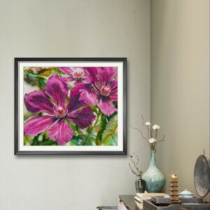 Sunbasking Clematis Giclee Print Canvas Pastel Painting Home Decor Wall Art Gifts Floral Artwork Green background Interior Design Botanical Drawing