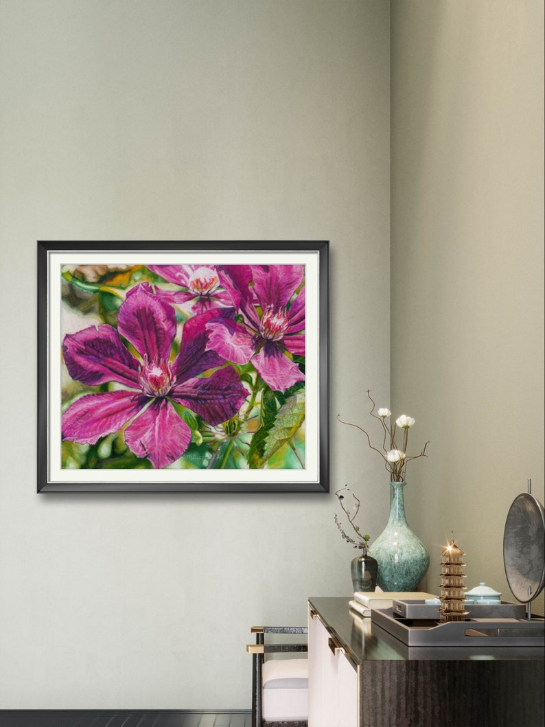 Sunbasking Clematis Giclee Print Canvas Pastel Painting Home Decor Wall Art Gifts Floral Artwork Green background Interior Design Botanical Drawing