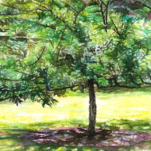 Green Tree Original Watercolor Painting, 21.5×14.5 on Paper | Sunlit Garden Landscape