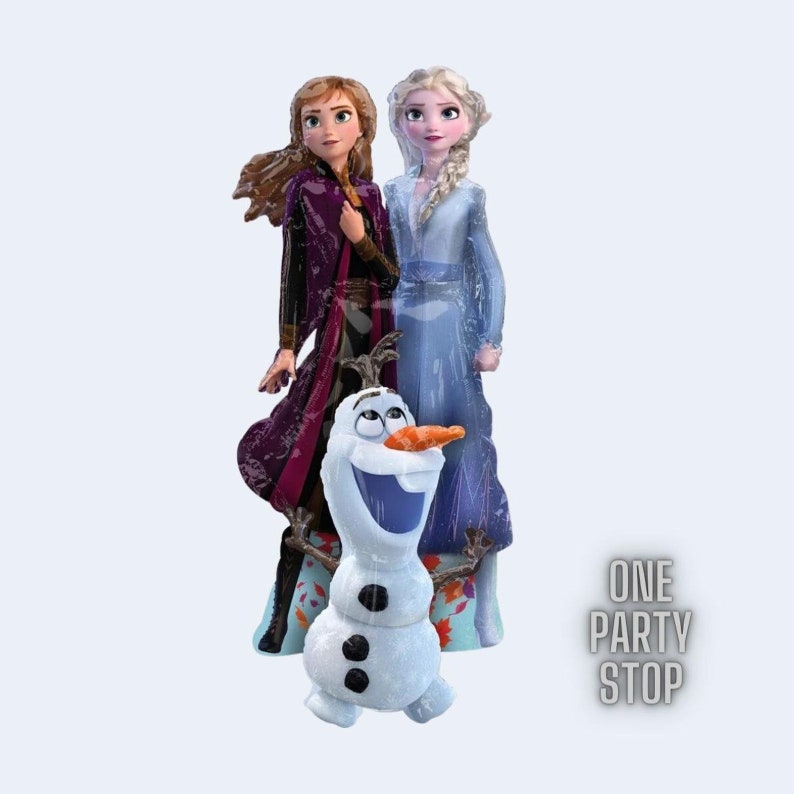 May include: A Frozen balloon bouquet featuring Elsa and Anna in their iconic dresses, along with Olaf the snowman. The balloons are made of a clear, iridescent material that gives them a shimmering effect. The bouquet is perfect for a Frozen-themed party.