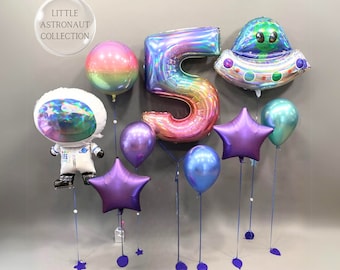 Astronaut Balloon Bouquet: Space Party Decor, Rainbow Number Balloons