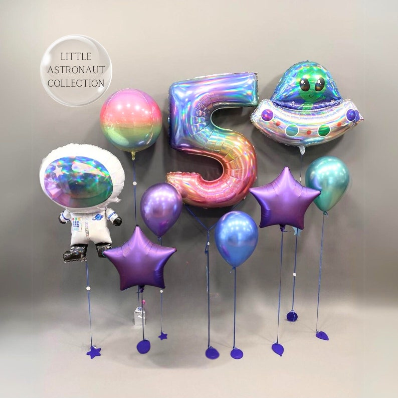 Astronaut Balloon Bouquet: Space Party Decor, Rainbow Number Balloons image 1