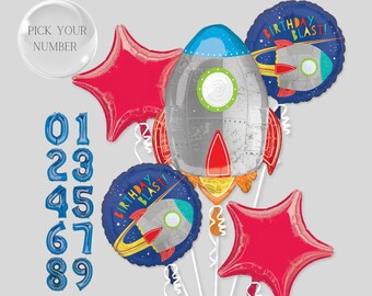 Space Birthday Balloon Bouquet: Rocket & Number Balloons