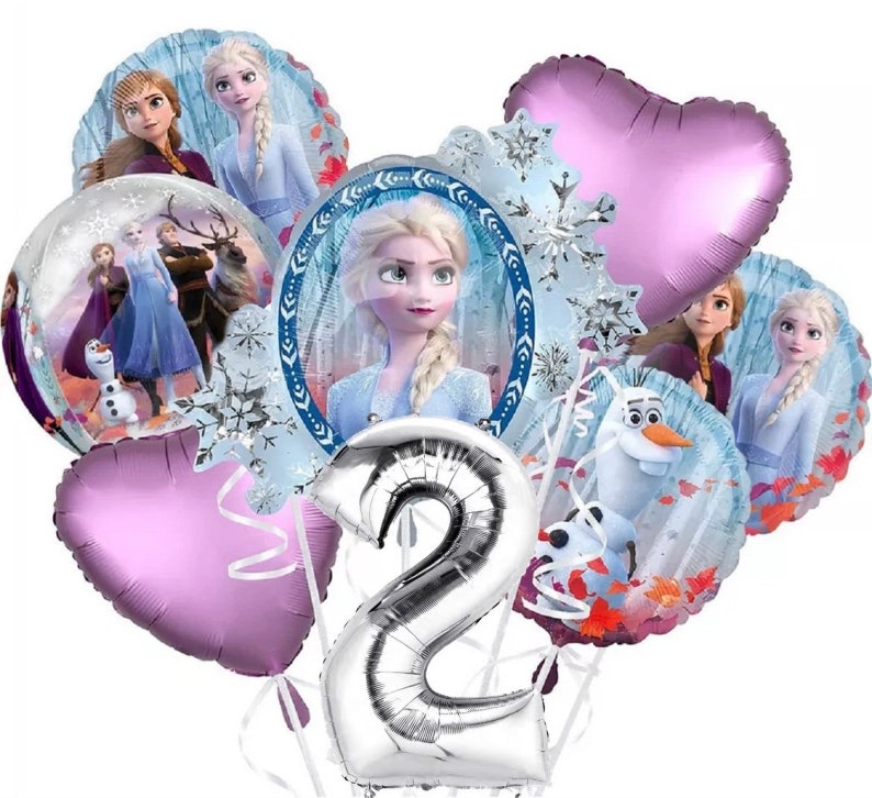 May include: A set of Frozen-themed party balloons featuring Elsa, Anna, Olaf, and Kristoff. The balloons are silver, blue, and purple, and include a large silver number 2 balloon.