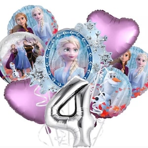 May include: A set of Frozen-themed party balloons, including a silver number 4 balloon, two purple heart balloons, and four balloons featuring characters from the film, including Elsa, Anna, Olaf, and Sven.