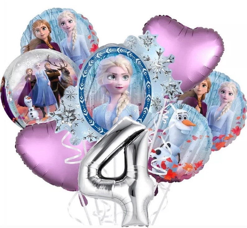 May include: A set of Frozen-themed party balloons, including a silver number 4 balloon, two purple heart balloons, and four balloons featuring characters from the film, including Elsa, Anna, Olaf, and Sven.