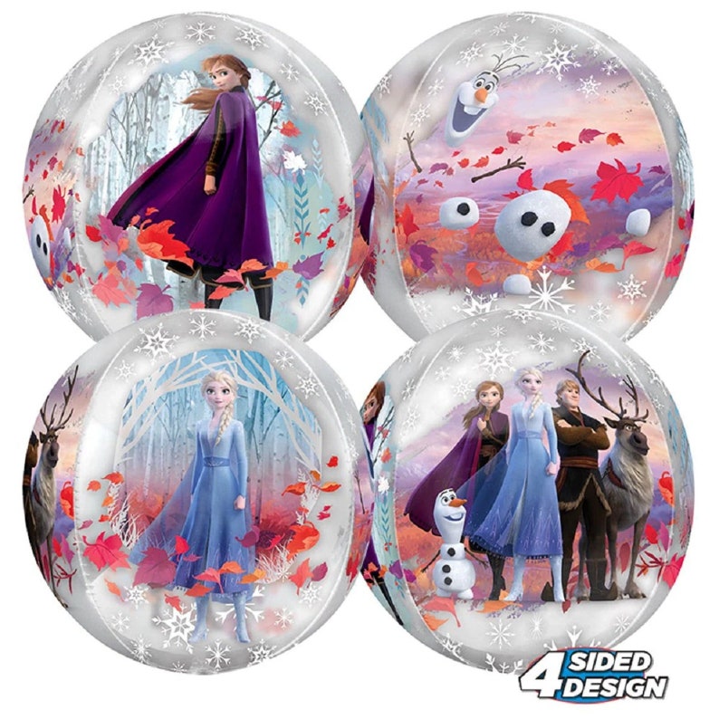 May include: Four clear bubble balloons featuring characters from the film Frozen II. The balloons depict Elsa, Anna, Olaf and Kristoff. The balloons are decorated with snowflakes and autumn leaves.