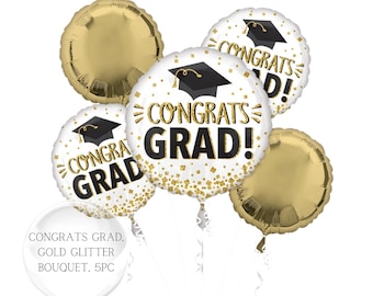Congrats Grad Balloon Bouquet: Gold Glitter Graduation Party Decor
