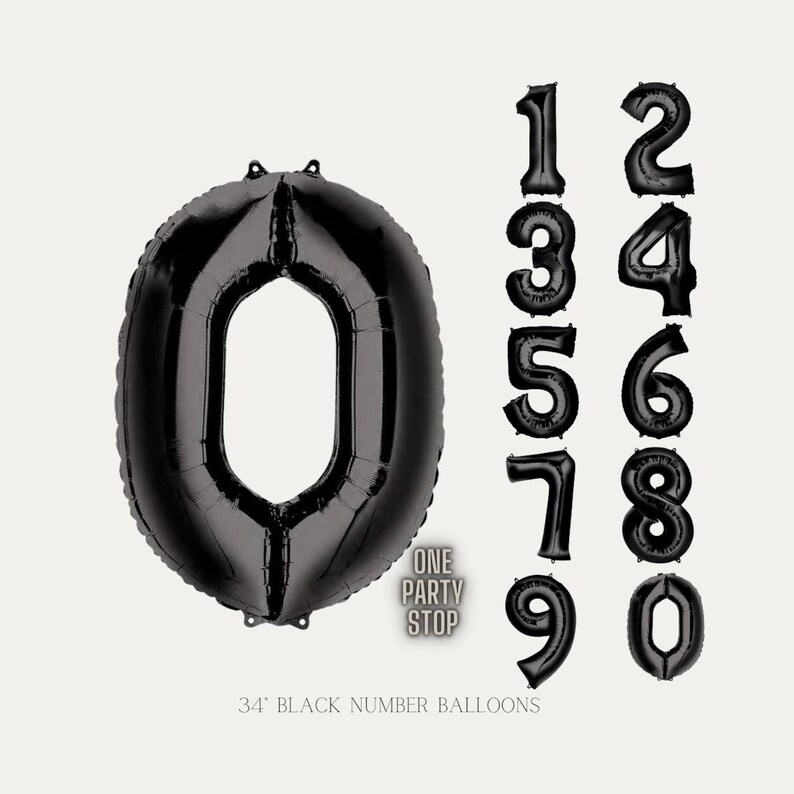 K&ouml;nnte beinhalten: Schwarze Zahlenballons von 0 bis 9 vor neutralem Hintergrund. Die Ballons sind 86 cm gro&szlig; und eignen sich f&uuml;r Geburtstage und Feiern. Der Text "ONE PARTY STOP" und "34" BLACK NUMBER BALLOONS" ist sichtbar.