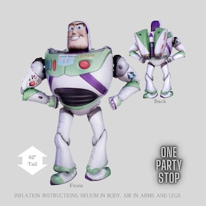May include: A large, inflatable 62-inch tall Buzz Lightyear balloon. The balloon is green, white, and purple with a red button on the chest. The balloon is inflated with helium in the body and air in the arms and legs. The balloon is standing with its arms outstretched and its legs slightly bent. The balloon is facing forward with a friendly expression on its face. The balloon has the words "Space Ranger" and "Lightyear" printed on its chest.