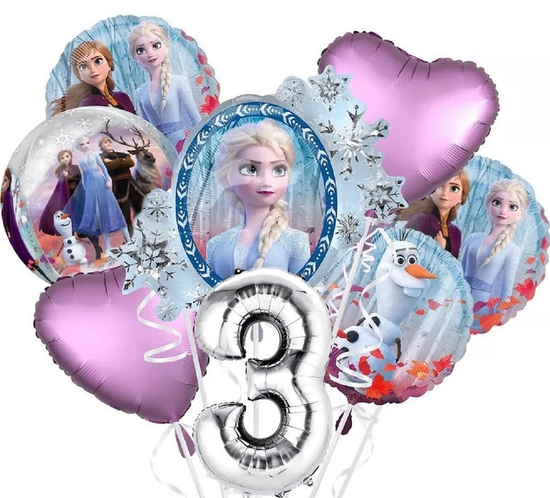 May include: A set of Frozen-themed balloons featuring characters such as Elsa, Anna, Olaf, and Kristoff. The balloons are in various shapes, including hearts, circles, and a number 3 balloon. The balloons are silver, purple, and blue.