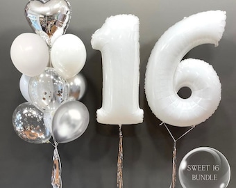 Sweet 16 Balloon Bouquet: White & Silver Party Decorations