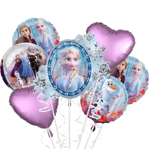 May include: A set of 7 Frozen-themed foil balloons. The balloons feature Elsa, Anna, Olaf, and Kristoff. The balloons are in various shapes, including round, heart, and snowflake. The balloons are pink, blue, and silver.
