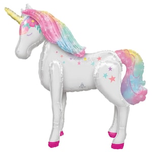 May include: A white unicorn balloon with a pink, blue, and yellow iridescent mane and tail. The balloon has a flower on its head and stars on its body.
