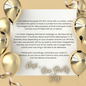 K&ouml;nnte beinhalten: Werbebild mit goldenen Luftballons und B&auml;ndern. Eine wei&szlig;e Karte zeigt Text &uuml;ber Ballonstr&auml;u&szlig;e und Versandoptionen. Der Text enth&auml;lt "Hugs, One Party Stop."
