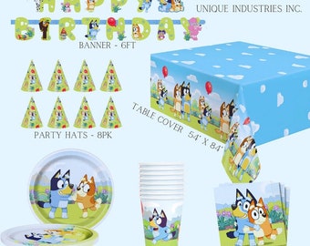 Bluey Birthday Party Supplies: Banner, Tableware & Hats