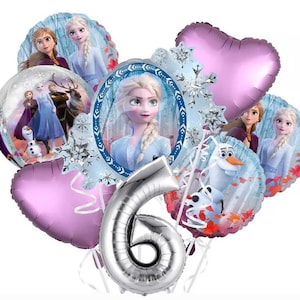 May include: A set of Frozen-themed party balloons, including a silver number 6 balloon, two heart-shaped balloons, a round balloon with Olaf and Elsa, and a round balloon with Anna, Kristoff, and Sven.